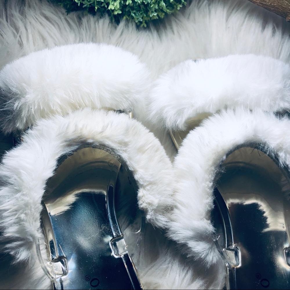 White Fuzzy Faux Fur Two Strap Slides Slippers - image 3